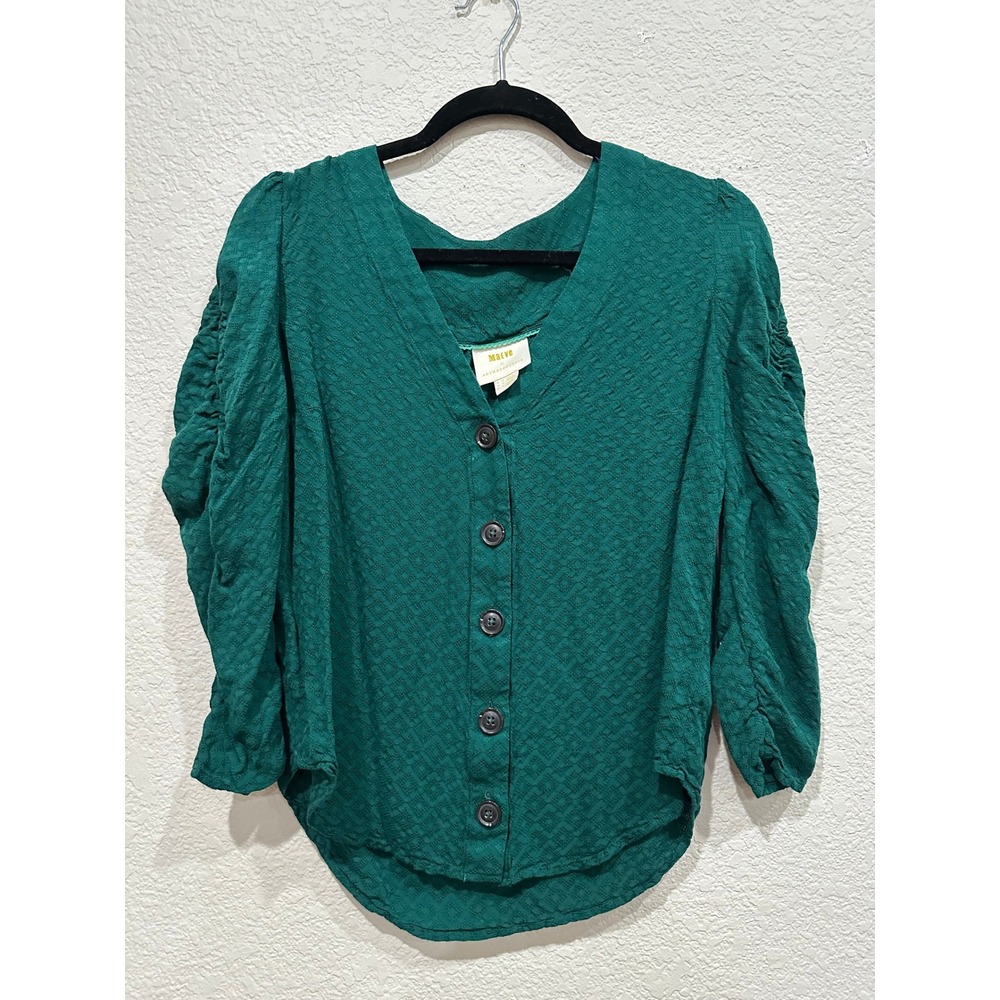 Maeve Anthropologie Green Textured Button Front Ruched Sleeve Blouse Top Sz 10